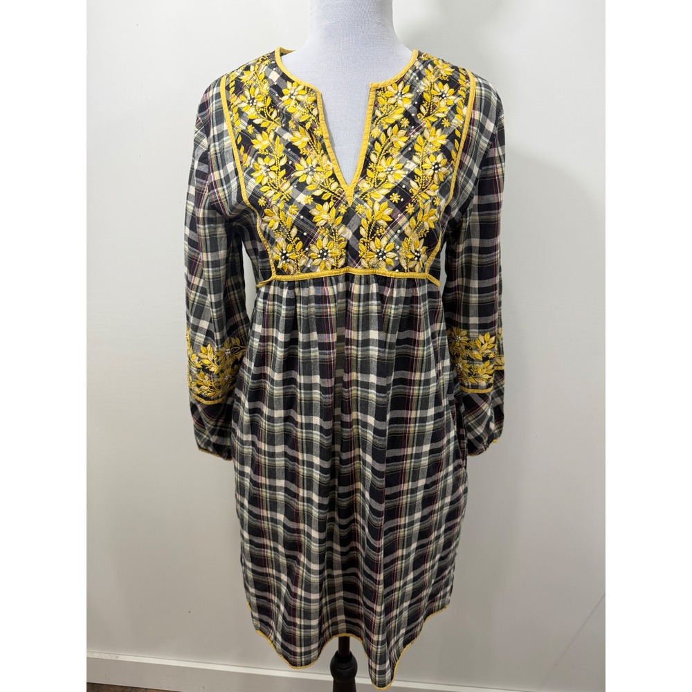 Sabby Anand Kas New York Plaid Embroidered Tunic Dress Black Yellow Women's M